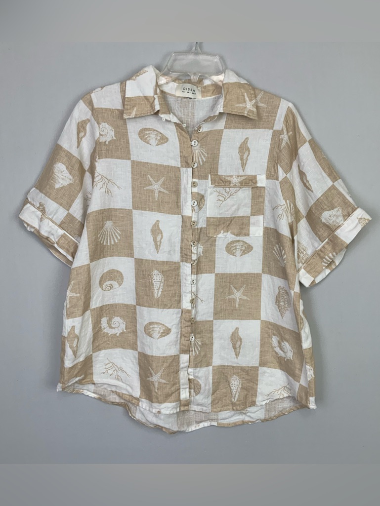 Dissh Sz 4 Linen Tan White Seashell Checkered Button Up Top Camp Shirt Coastal